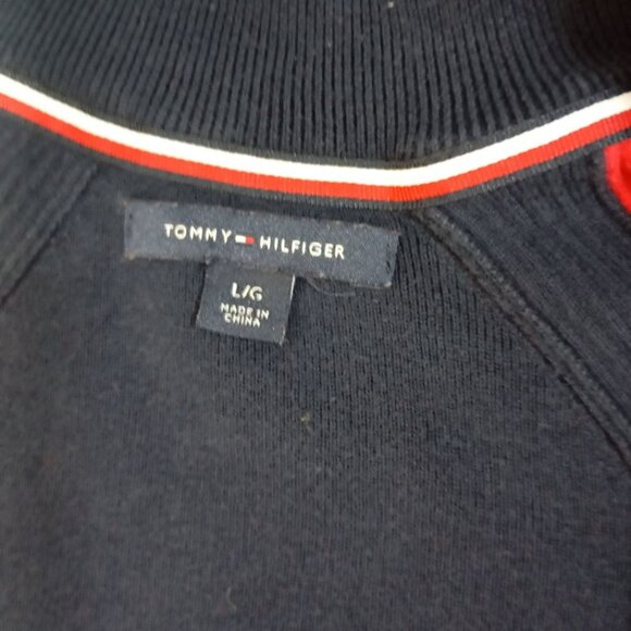 Tommy Hilfiger Sweater TH Logo  Red & Navy Full-Zip Striped Cuffs Size L/G - Picture 2 of 8